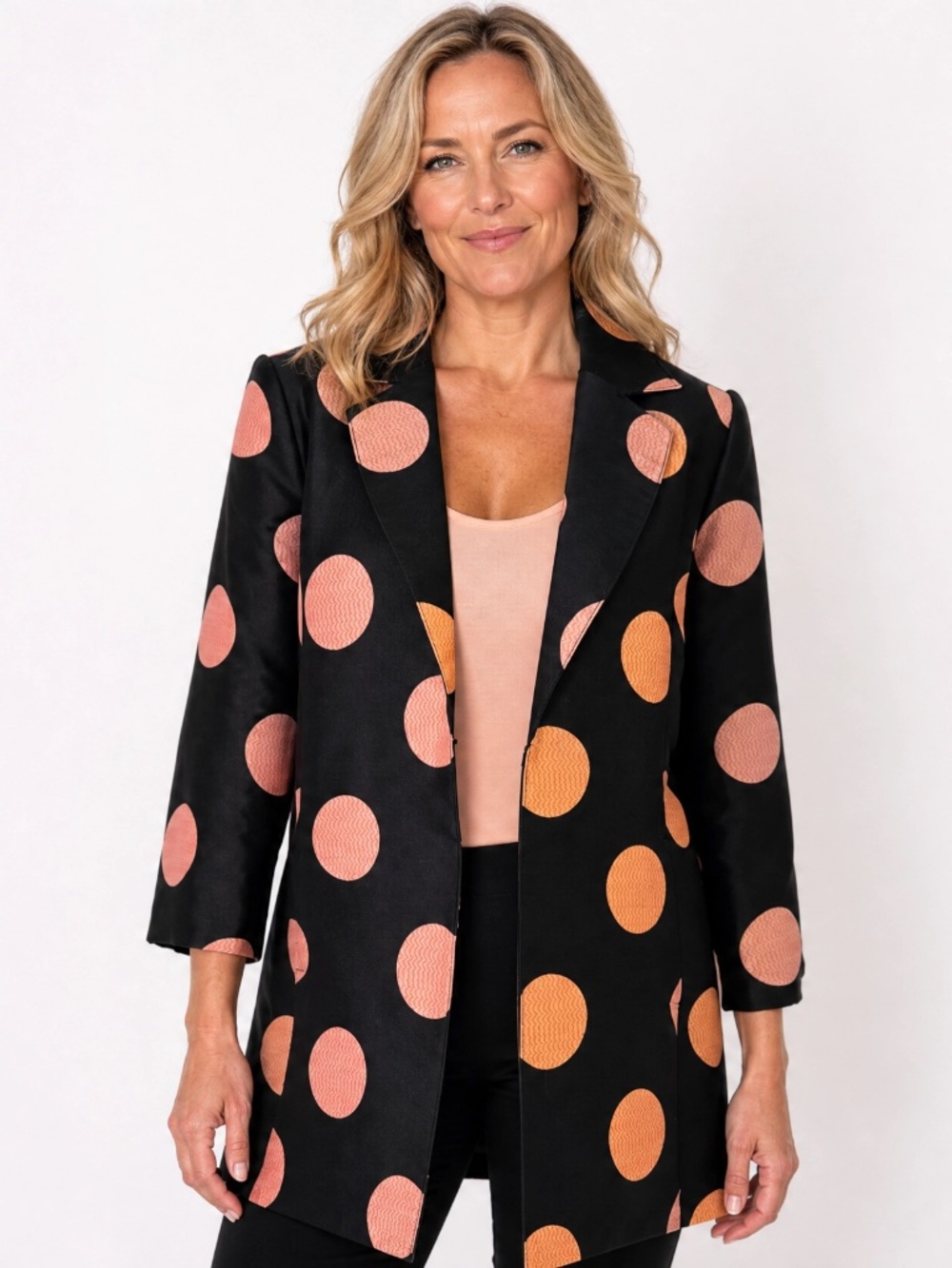 Multiples Black Blush Pink Polka Dot Open Front Blazer Jacket L NWOT